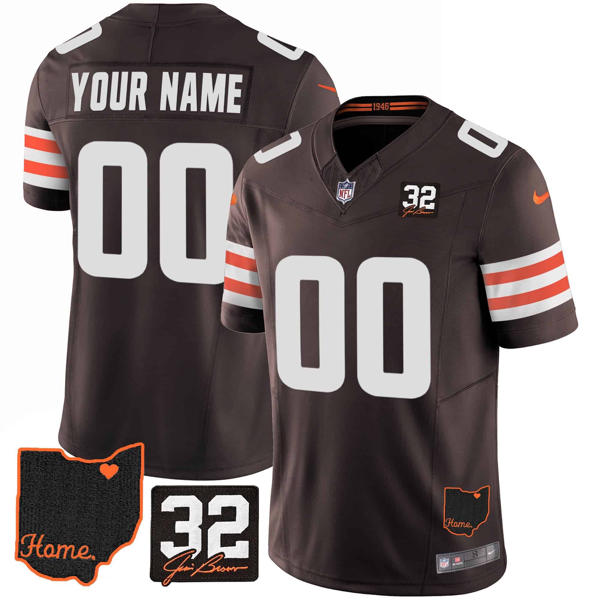 Men Cleveland Browns Brown 32 Jim Brown Memorial Home Patch Custom 2024 Nike NFL Jersey style 1